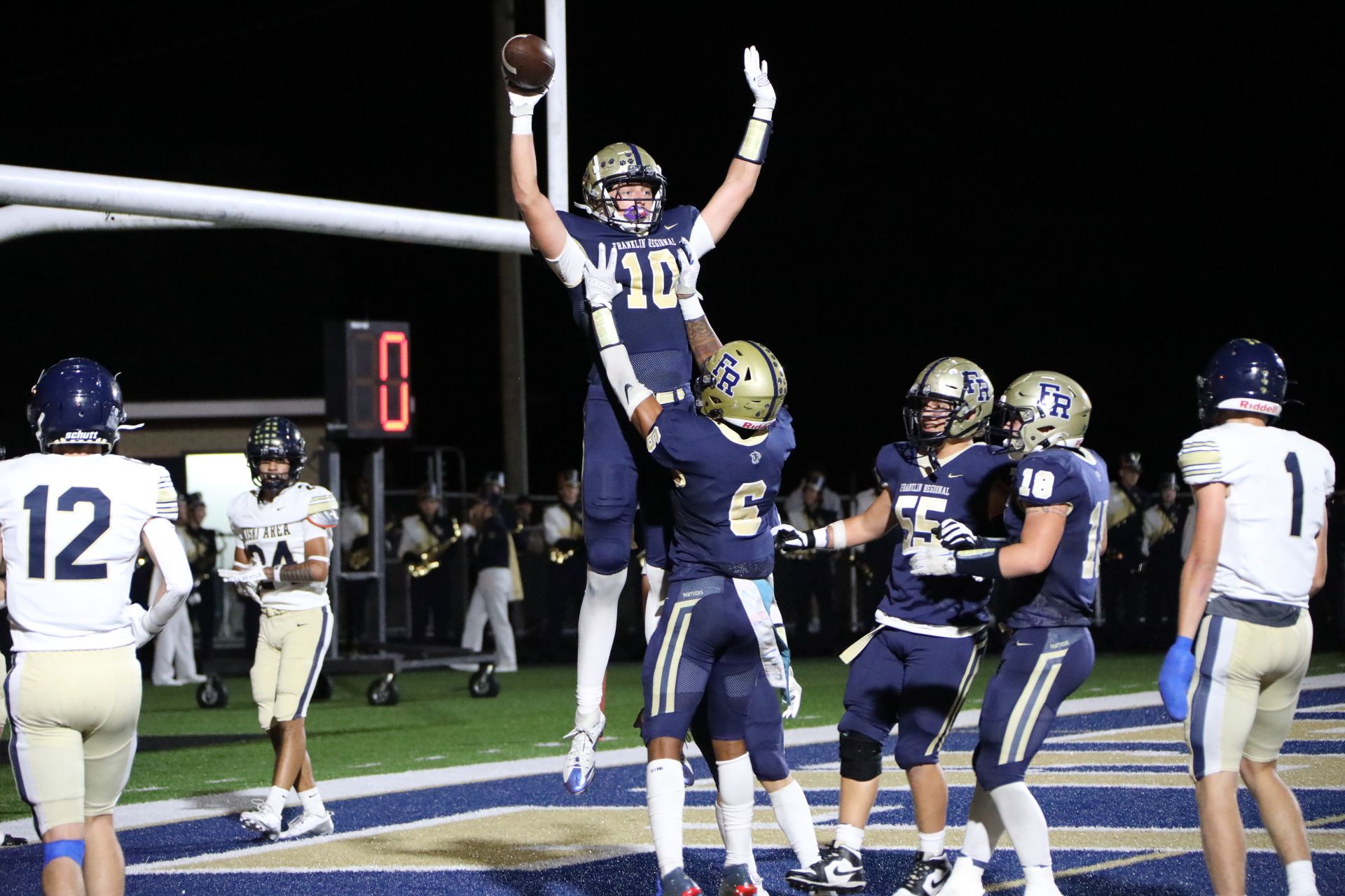 Mac Bresnahan celebrates after catching a 23-yard touchdown pass from Chase Lemke in Franklin Regional's 35-30 win over Kiski Area.