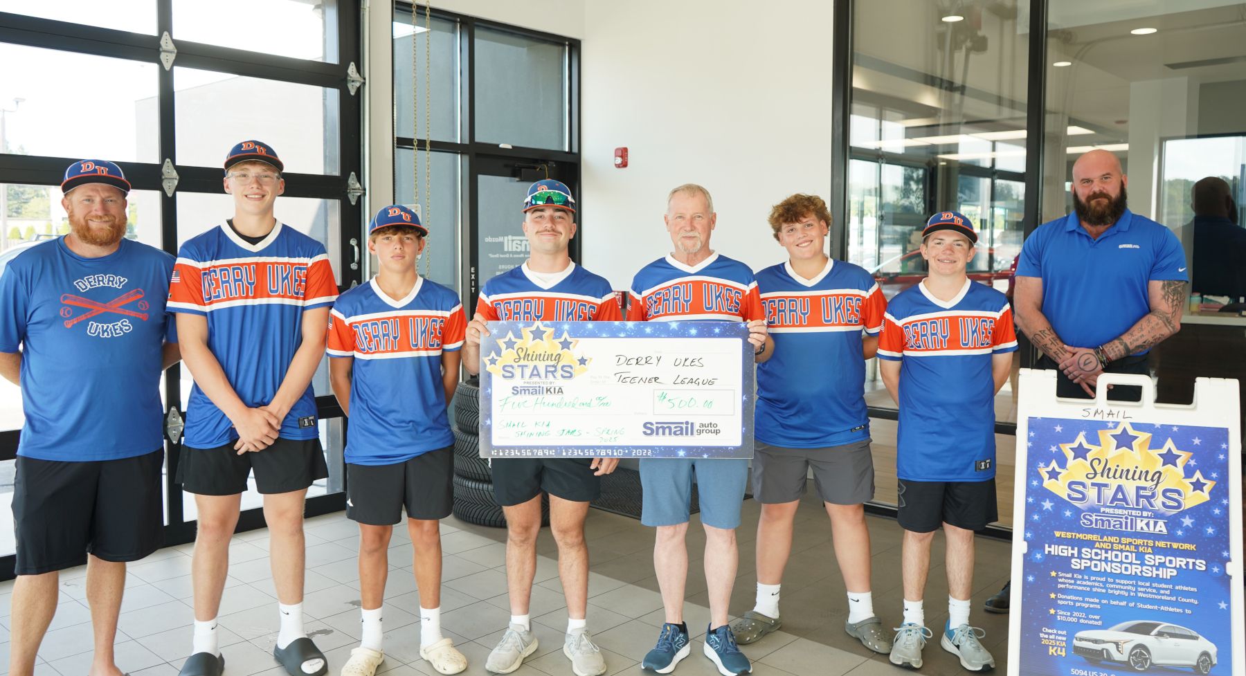 Pictured from L-R: Coach Bryan Firment, Mikey Monios, JoJo Monios, Coach Leo Bazala, Manager Mike Self, Mason Zinkham, Mark Firment, Dylan Hewitt (Smail Kia).