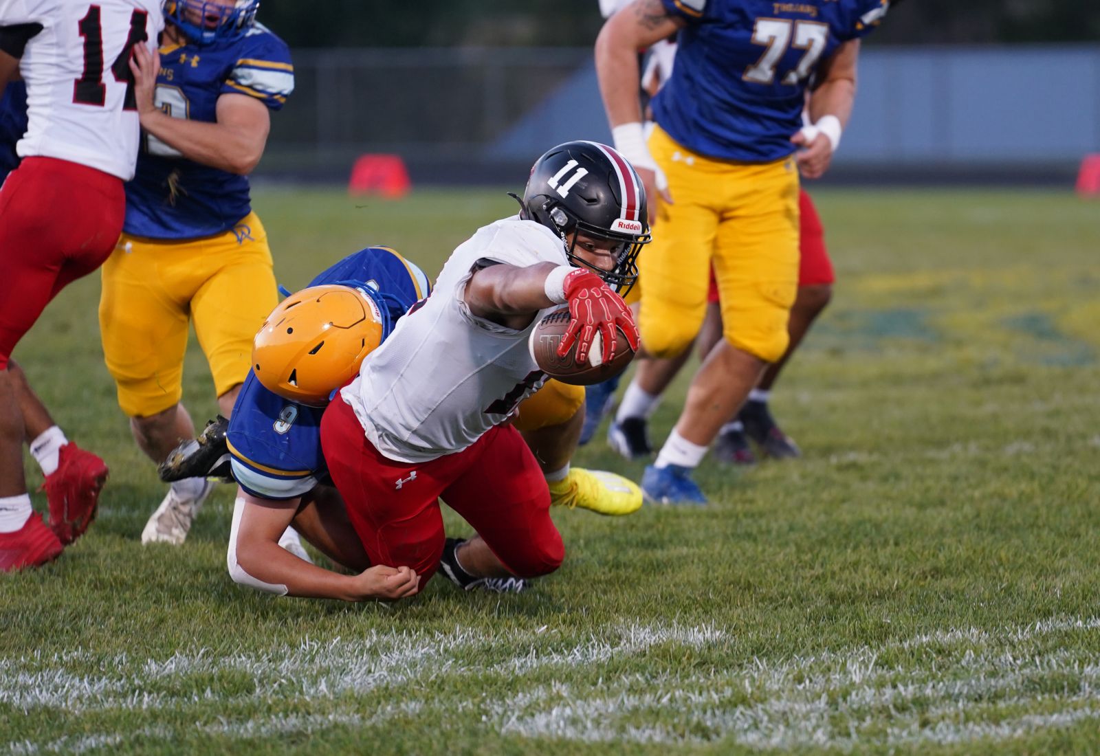 Sophomore Jackson Mickens stretches the ball forward for Southmoreland which defeated Derry Area 23-11 Friday. (Photo by Sean Delaney)
