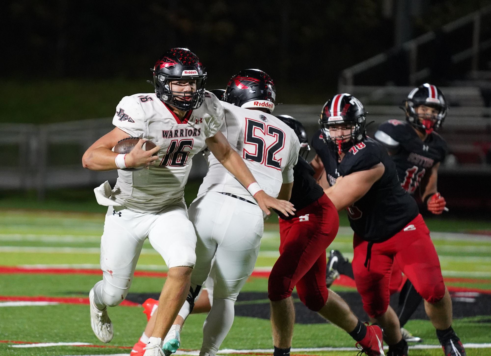 Elizabeth Forward quarterback Ryan Messina rushed for 193 yards and three touchdowns as the Warriors shut out Southmoreland Friday.