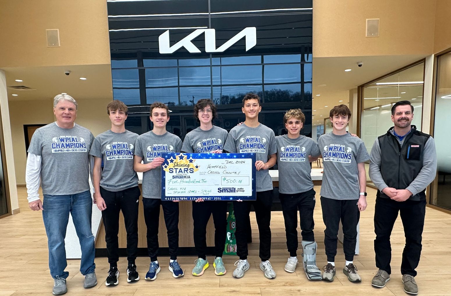 (From L-R) Coach Jeff Mayo, Blake Rumbaugh, Ryan Ewing, Jonathan Stetchock, Isaiah Bittner, Troy Payne, Bryce Doughery, Jeff Mikell (Smail Kia)