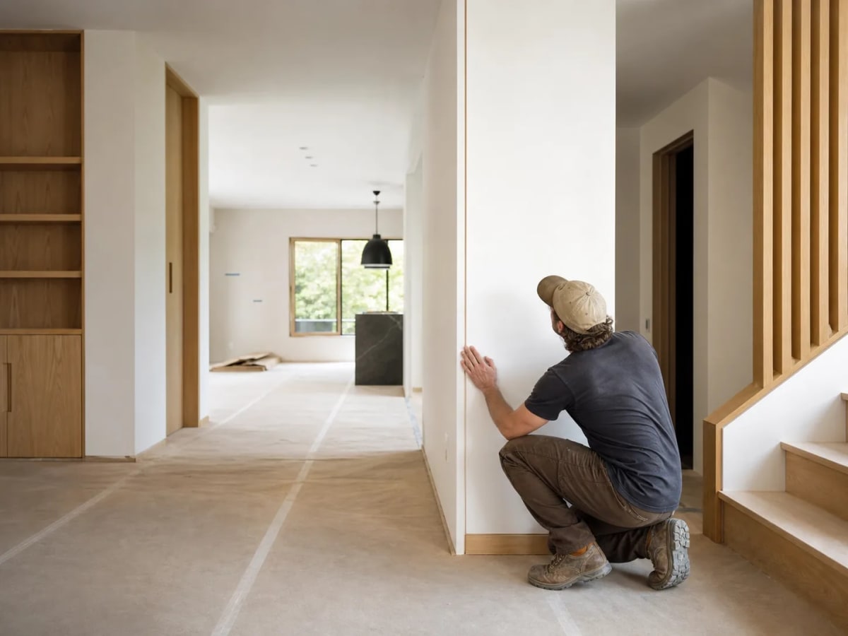 Craftsperson checking a wall detail in a residential interior