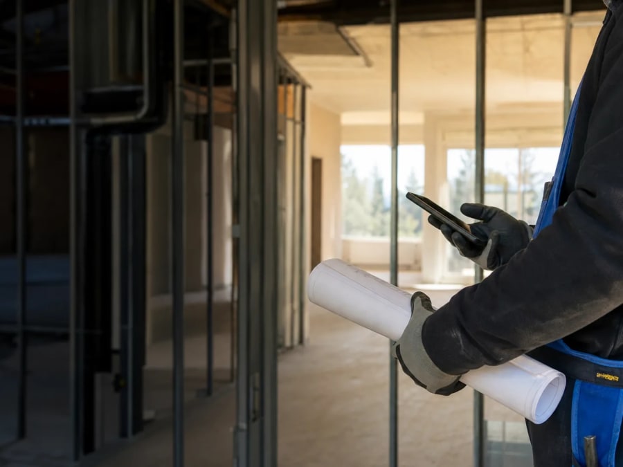 Contractor reviewing plans inside an unfinished interior