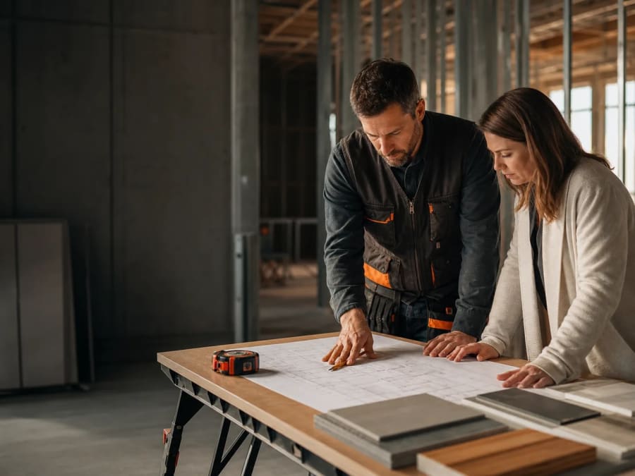 Contractor and client reviewing a building plan together
