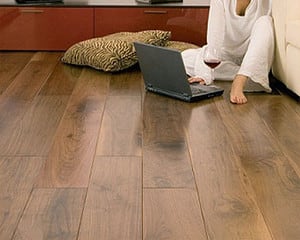 Women with laptop on a dark hardwood flooring