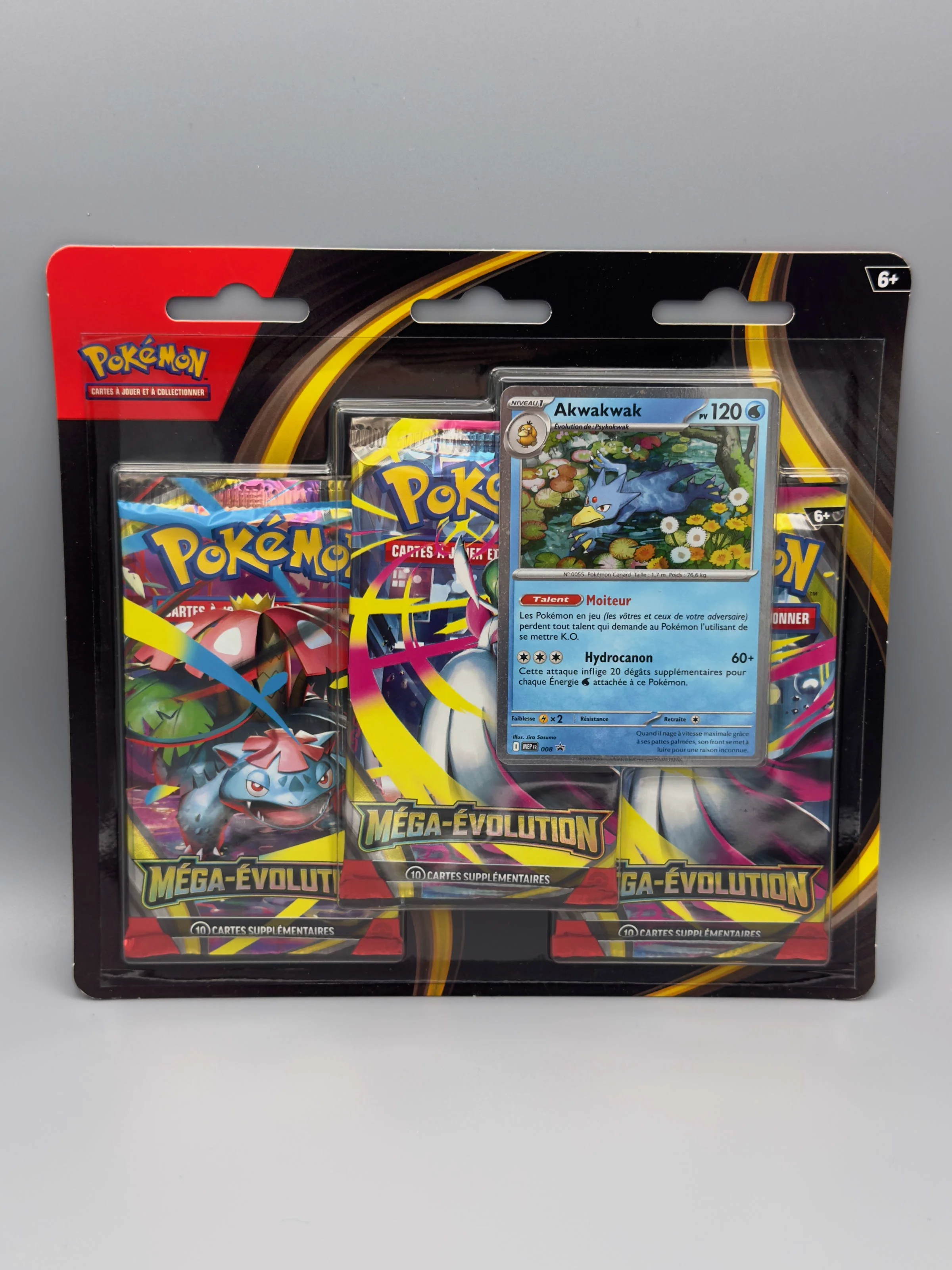 Tripack Pokémon Méga-Évolution avec une carte promo de Akwakwak