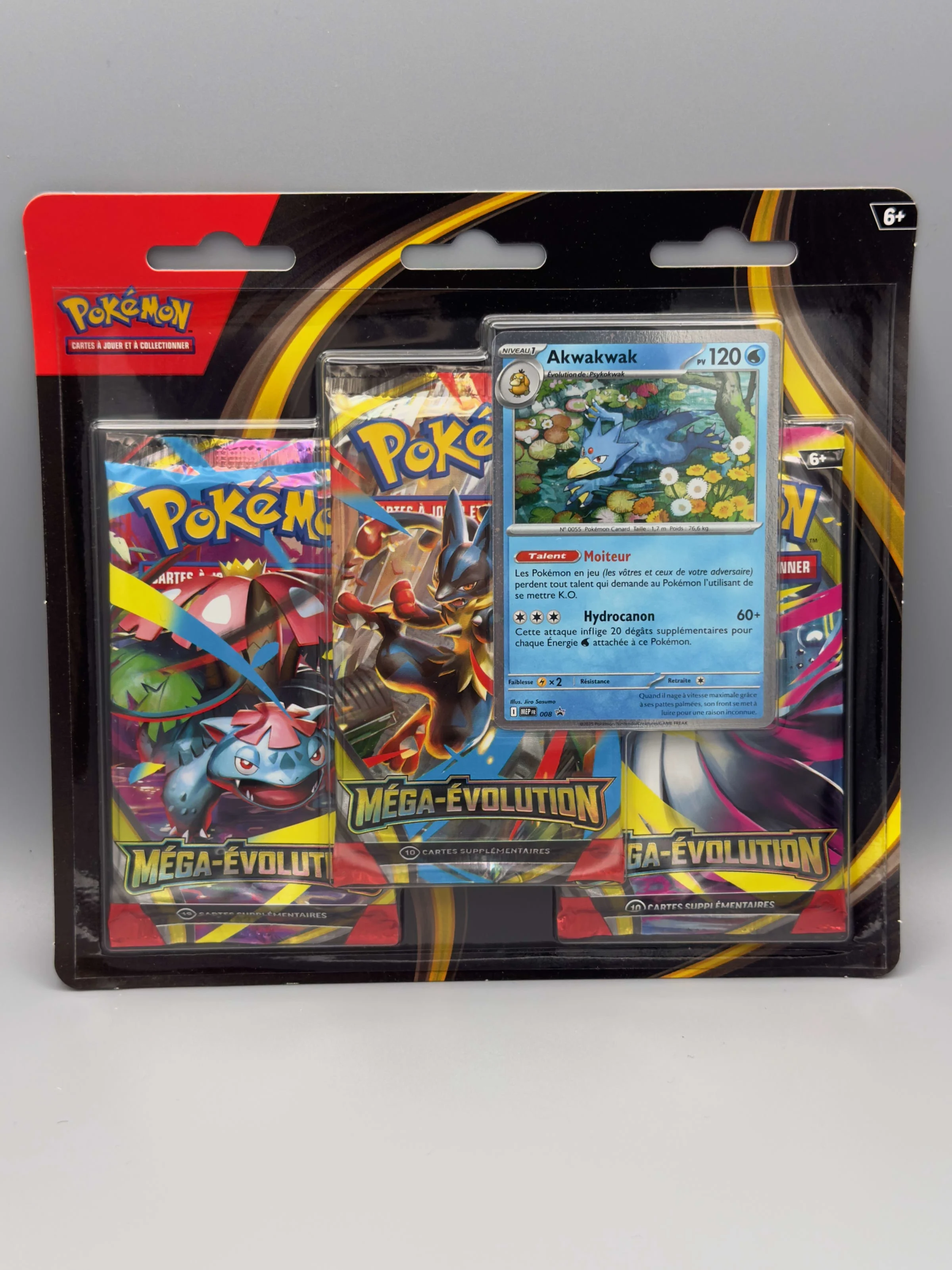 Tripack Pokémon Méga-Évolution avec une carte promo de Akwakwak