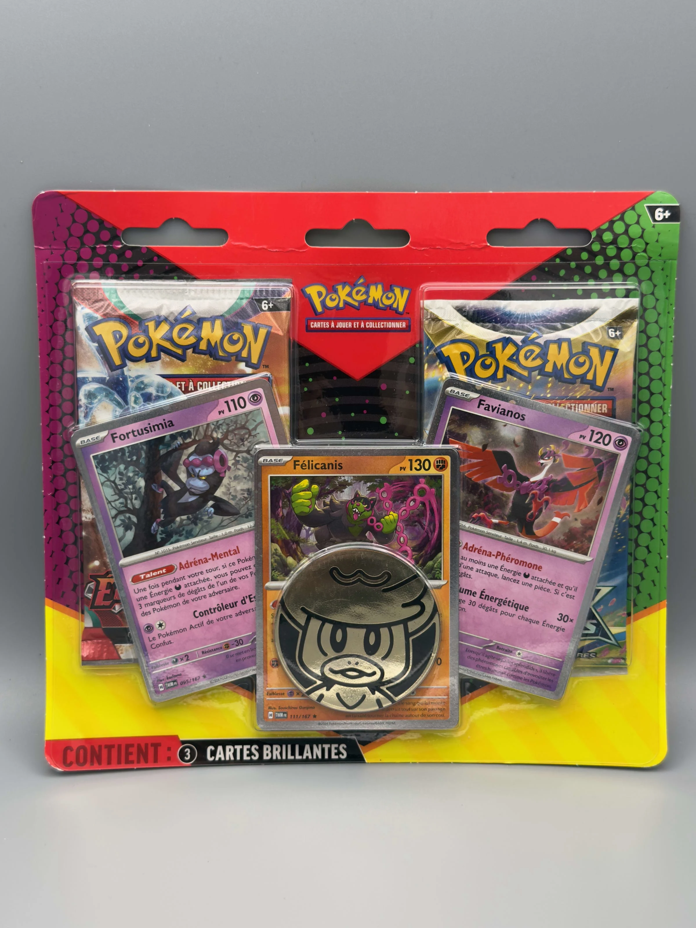Tripack trois cartes promo brillantes de Fortusimia, Félicanis et Favianos
