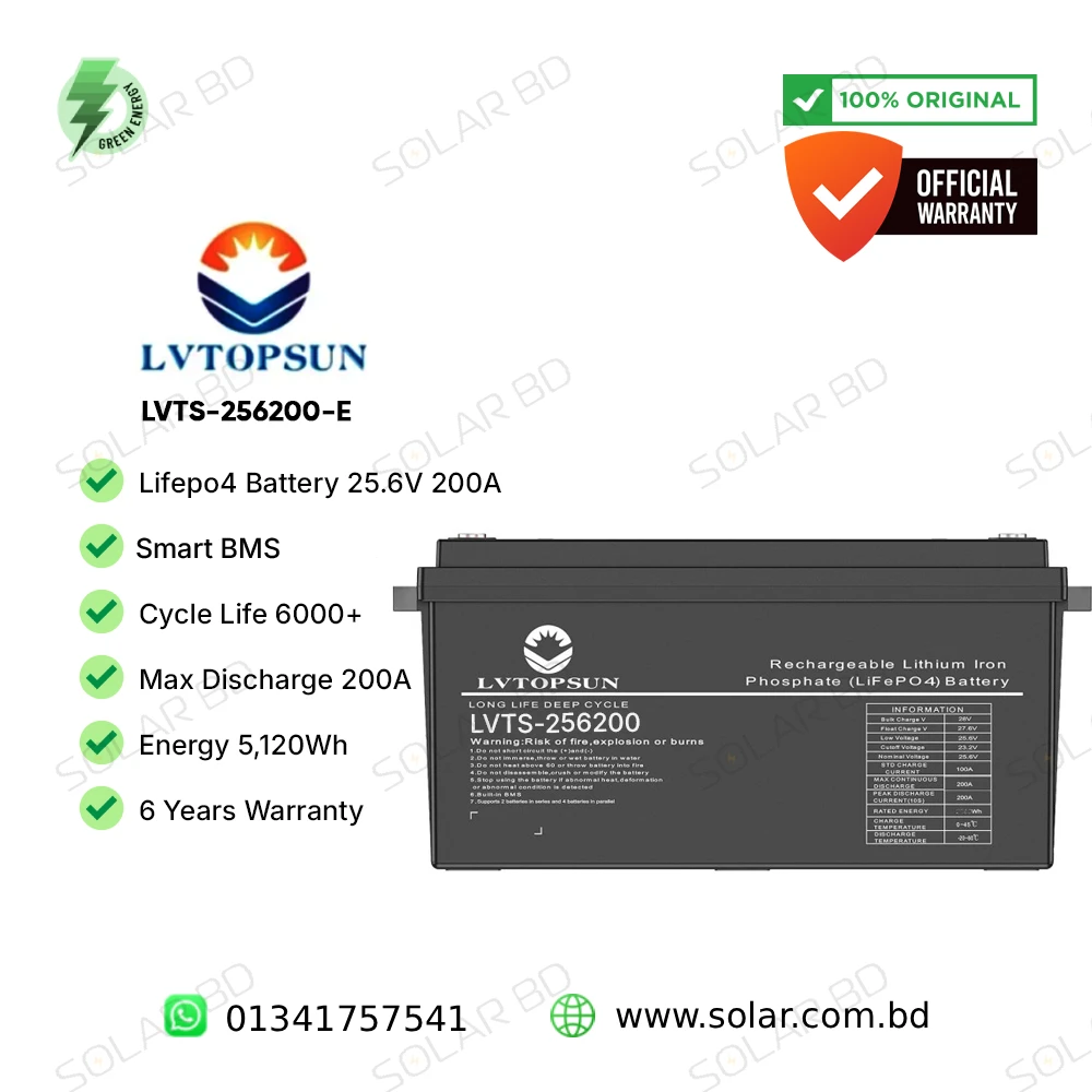 LVTOPSUN 25.6V 200AH Lithium Lifepo4 Battery