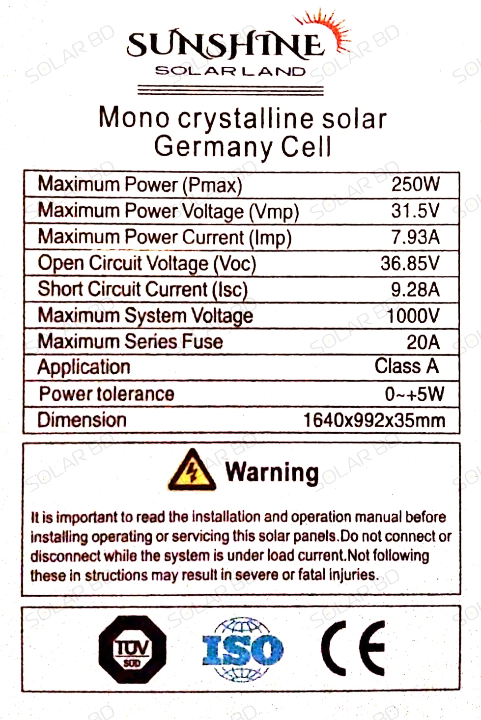 SUNSHINE 250W Germany Cell 24V Mono Solar Panel view 3