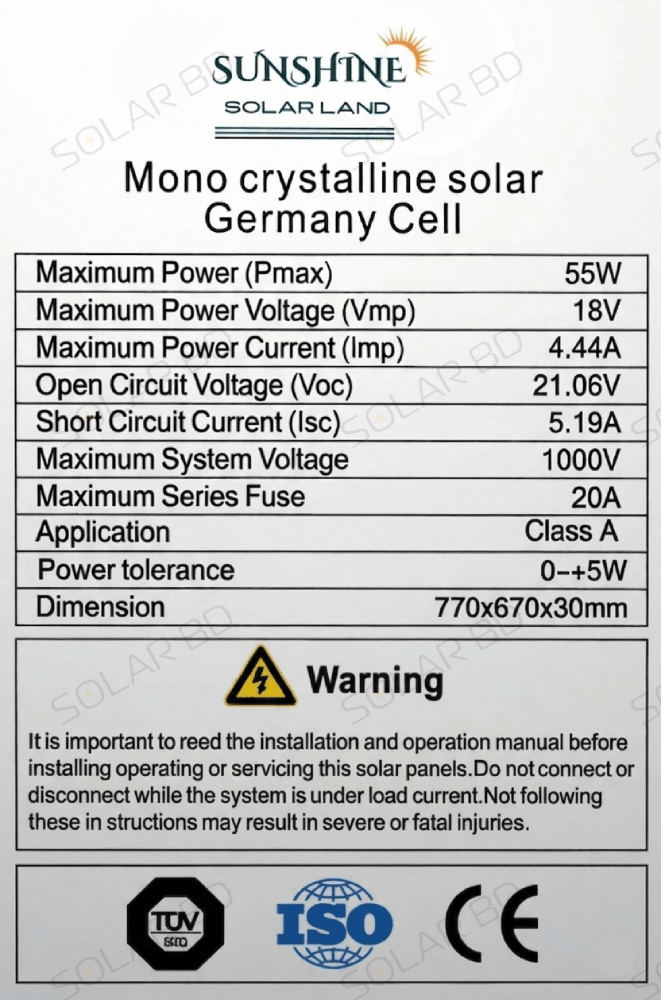 SUNSHINE 55W Germany Cell 12V Mono Solar Panel view 2