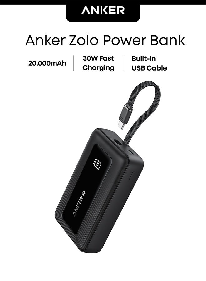 Anker Zolo Power Bank 20000mAh 30W Fast Portable Charger with Built-In USB-C Cable