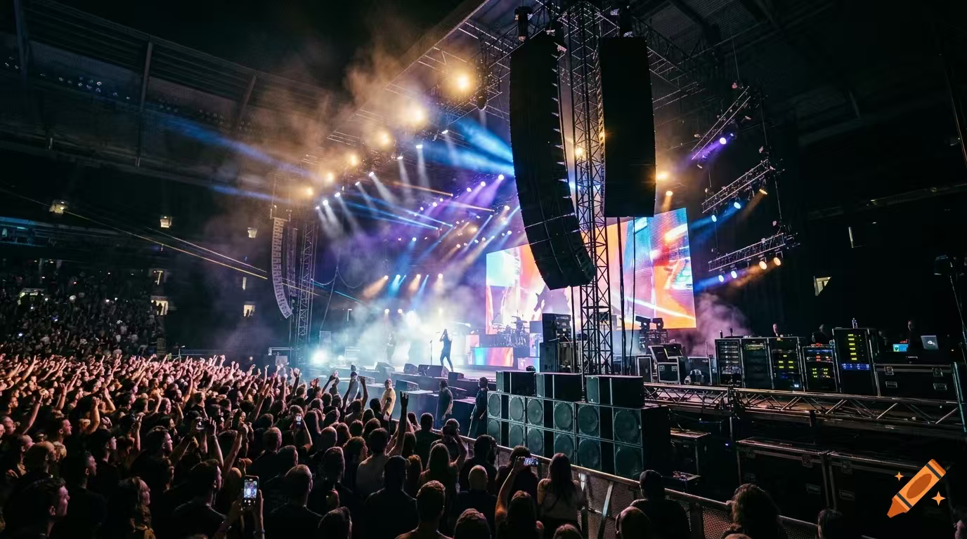 Massive outdoor stadium festival stage with line array sound system