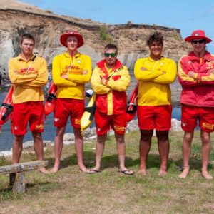 All past/present WHS students, Lennart Nowak, Ethan Bryers, Matthew Newell, Phoenix Grammaticogiannis and Jack Clifton from Whanganui Surf Lifesaving Club.  Photo / Lewis Gardner.