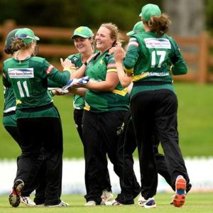 Watkin mobbed by team mates after a wicket in the Dream11 Super Smash against the Otago Sparks in Dunedin on January 11.  Photo / Photosport.nz