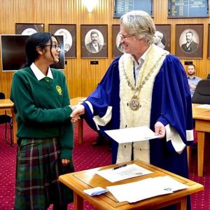 Newly appointed member, Siobhan Sarkar congratulated by Mayor Hamish McDouall at Whanganui District Council.