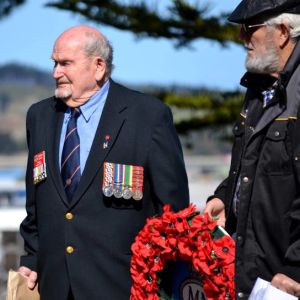 Old salts Trevor Gibson (left) and John Hair at the Cenotaph in Whanganui for Merchant Navy Day.  Photo / Paul Brooks.