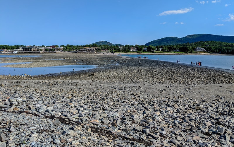 looking back at bar harbor from across the sandbar