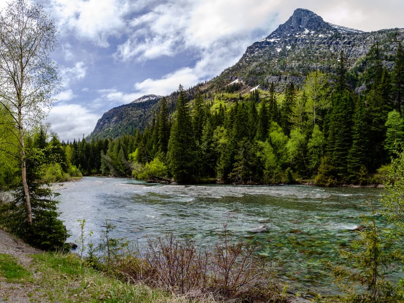 mcdonald creek with a mountain towering in the background