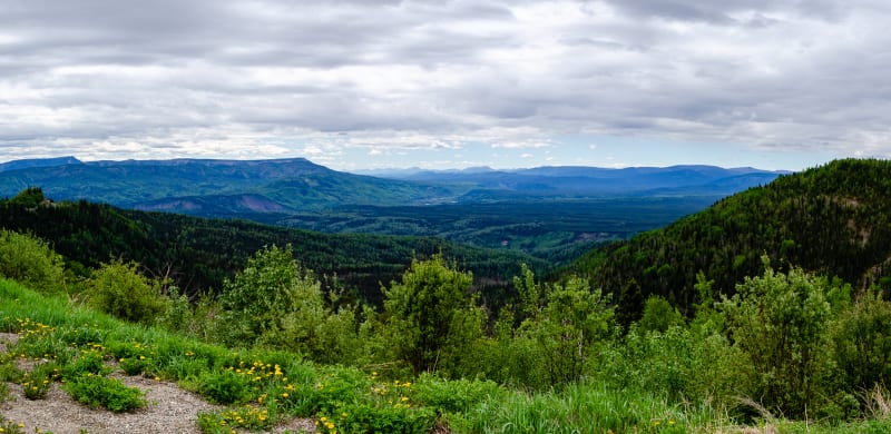 a panorama of tree-covered hills and mountains stretching into the distance