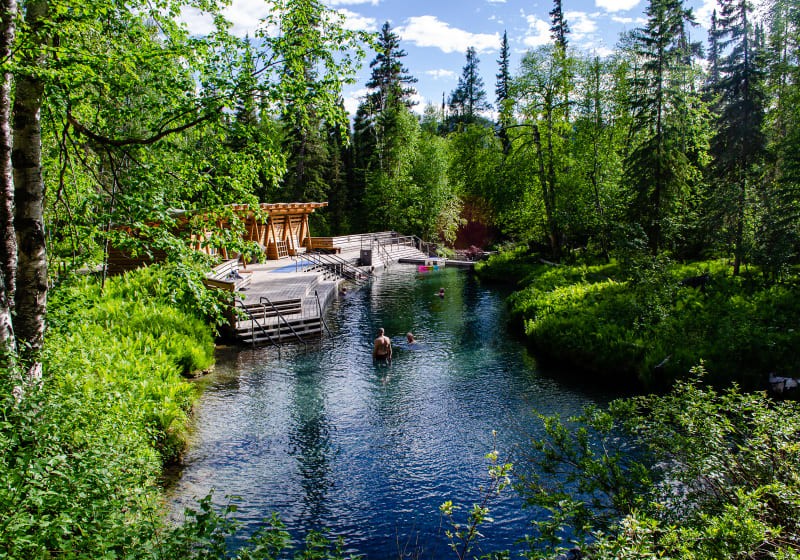 view looking down at a pool surrounded by greenery