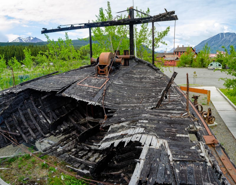 the burnt remains of a historic paddlewheel boat