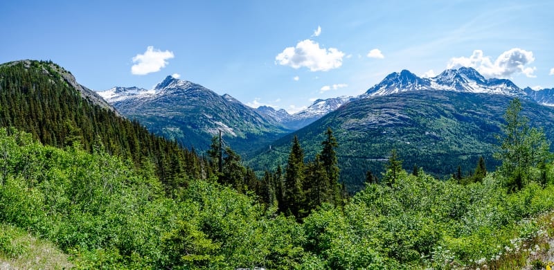 mountains near white pass with the railroad track visible on the mountain side