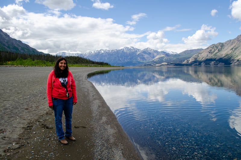 sushila posing along the beach at kluane lake