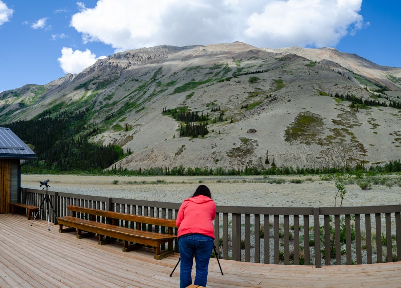 sushila looking through a spotting scope at the mountain side