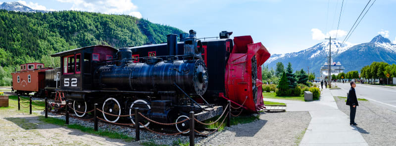 historic trains sitting in skagway