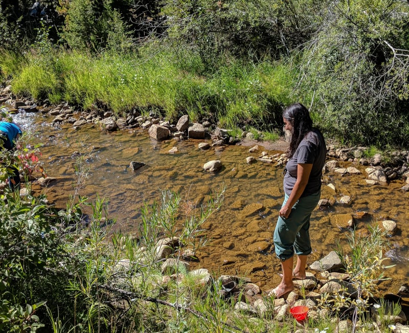 sushila in the river panning for gold