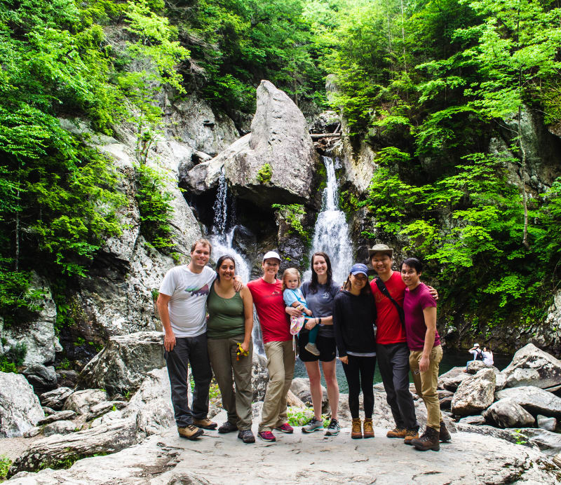 group of friends at Bash Bish waterfall