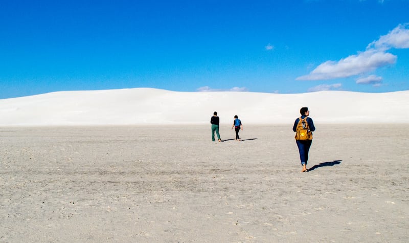 walking toward the white sand dunes with meagan and mollie