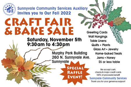  It’s this Saturday! The SCS Auxiliary Holiday Craft and Bake sale! November 5, 2022 from 9:30am to 4:30pm. Shop for unique, handmade gift items. Participate in a multiple item, special raffle event. 100% of the proceeds benefit Sunnyvale Community Services.

The sale will be held at Murphy Park Building, 260 N. Sunnyvale Avenue in Sunnyvale.

In addition to featuring Greeting cards, Wall hangings, Table linens, Quilts, Plants, Glass art, Jewelry, Home-baked treats, Jams & Honey, and a $5-of-less table, we are excited to offer a special raffle event with five stunning pieces which will be raffled separately.

The raffle items are; two exceptional quilted wall hangings, a beautiful quilted throw, an a one of a kind fused glass platter, and an autumn gift crate filled with food, crafts, gift certificates and more, easily a $100+ value! All pieces are handmade by the crafters and bakers of Sunnyvale Community Services Auxiliary. 

All proceeds support Sunnyvale Community Services.