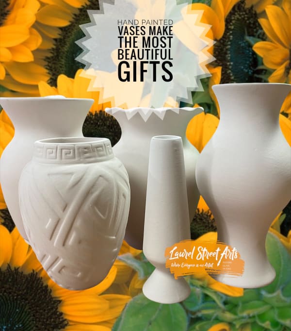 We have a variety of vases to paint! From children’s hand prints, to detailed designs, a vase is the perfect canvas for any artist — and they make the most beautiful keepsake. 

Enjoy painting in the studio or we can wrap it up to-go and you can paint at home. Pieces can be returned to be fired and will be ready in one week. 

Vases pictured range from $19 - $38. 