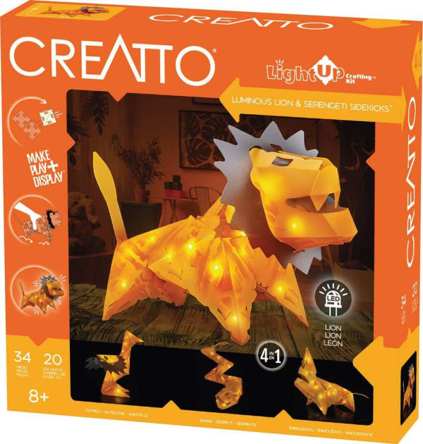 Creatto: Luminous Lion & Serengeti Sidekicks. Creatto is a simple yet versatile building system that consists of just two primary components that can be woven together into countless 3D creations. The flexible yet durable plastic tiles interlock quickly and easily for all skill levels; no additional materials or hardware required!