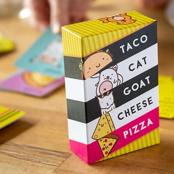 Taco Cat Goat Cheese Pizza Card Game. Don't let a string of 5 silly words fool you: this game of fast reflexes delivers brain-tickling, hand-slapping action! Easy to learn and competitive. More people only add to the fun! For 2-8 players.

For ages 8 yrs-adult, from ACD Toys & Games.