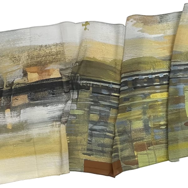 This pastel landscape scarf is 17 inches wide and 64 inches long in 100% silk crepe de chine. The rolled hem is beautifully stitched with well-formed corners. The design is from my 2019 abstract painting “Yellow Mirage”, and the color is sumptuous with gold and peach, muted green and grey. I wear one of my scarves every day, even in the house. They drape beautifully and feel wonderful around the neck.