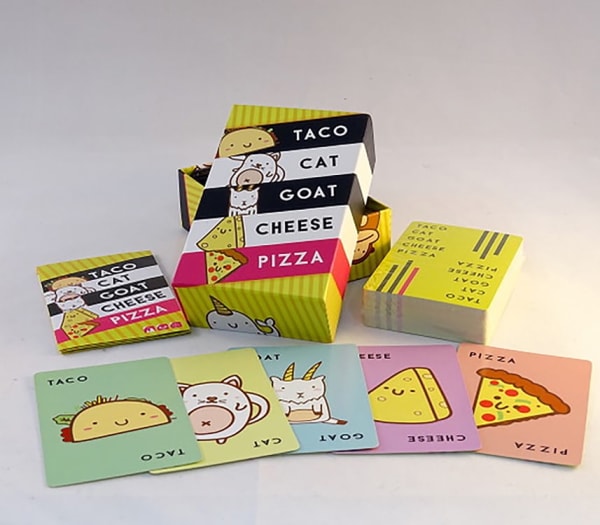 Taco Cat Goat Cheese Pizza Card Game. Don't let a string of 5 silly words fool you: this game of fast reflexes delivers brain-tickling, hand-slapping action! Easy to learn and competitive. More people only add to the fun! For 2-8 players.

For ages 8 yrs-adult, from ACD Toys & Games.