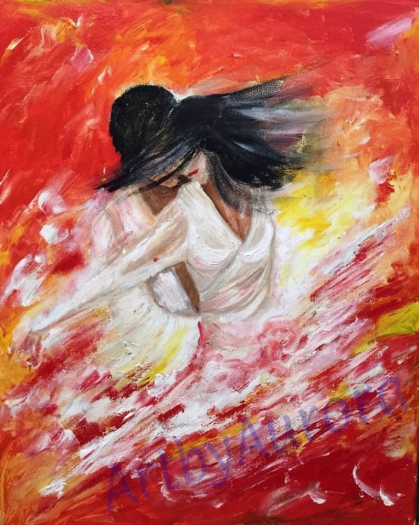 Description : The passionate dance .
Media : Acrylic
Size : 18”W x 24”H x .5”W
Price : $150
Media: Acrylic 
Subject  : Figurine
Disclaimer  : Each painting is handmade and is unique. Please give 2 weeks for shipping. This artwork will be made to order.