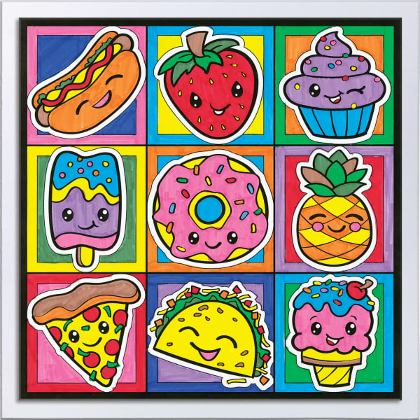 Color 9 fun foodie friends on the pre-printed illustration board - follow the number guide, or own creativity. The complete coloring kit comes with everything you need, markers, board, and hanging tabs for displaying your masterpiece! Recommended for ages 6 and up.