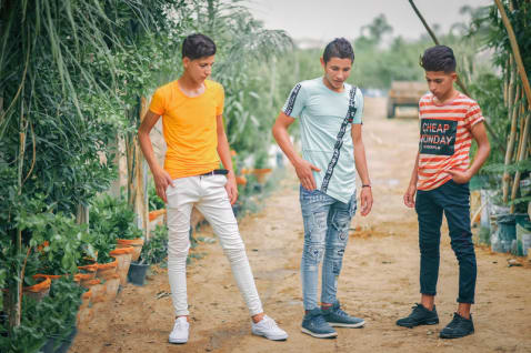 Three Young Men Standing on Brown Soil Pathway Surrounded by Green Leaf Plants