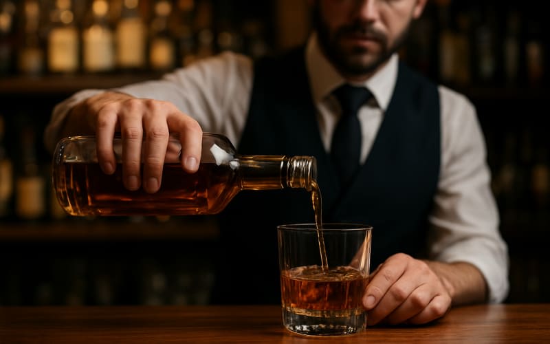 A batender pouring a bottle of whiskey into a whiskey glass at a bar