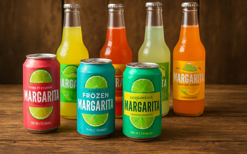 A vibrant assortment of ready-to-drink margarita cans and bottles displayed on a rustic wooden table.