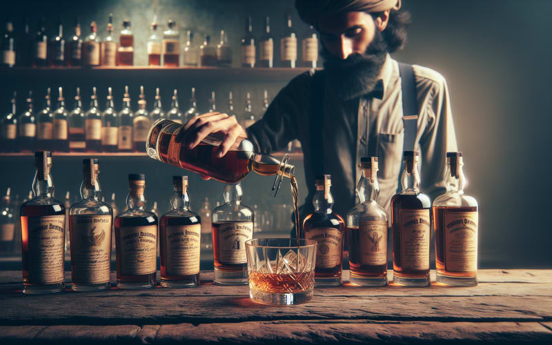 A selection of premium bourbon bottles displayed on a rustic wooden bar counter with a bartender behind pouring whiskey into a glass.