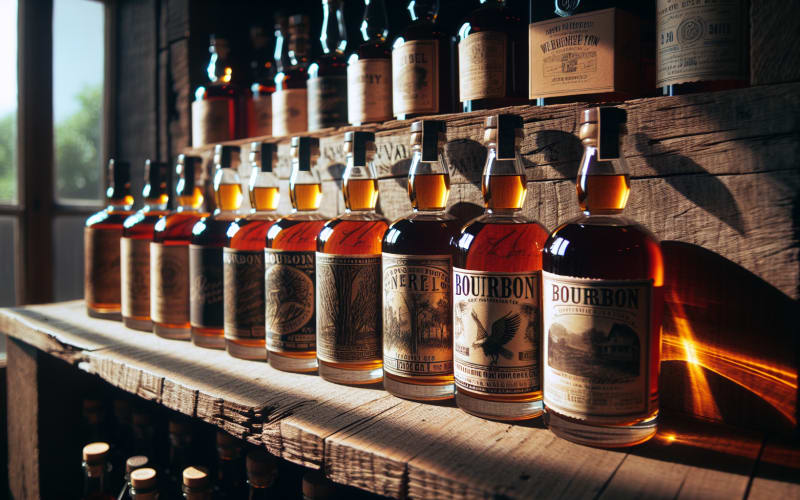 A curated selection of craft bourbon bottles displayed on a wooden shelf