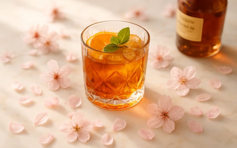 A collection of spring-themed whiskey bottles displayed on a rustic wooden table surrounded by blooming flowers.