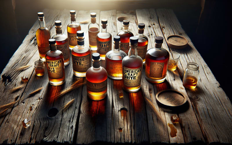 A collection of American craft rye whiskey bottles on a rustic wooden table.