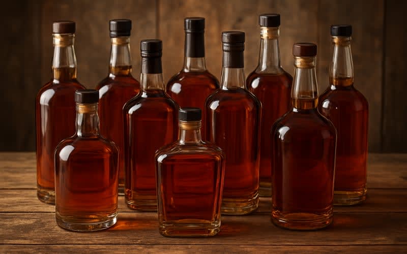 A collection of various bourbon bottles with no decernable names/brands displayed on a rustic wooden table.
