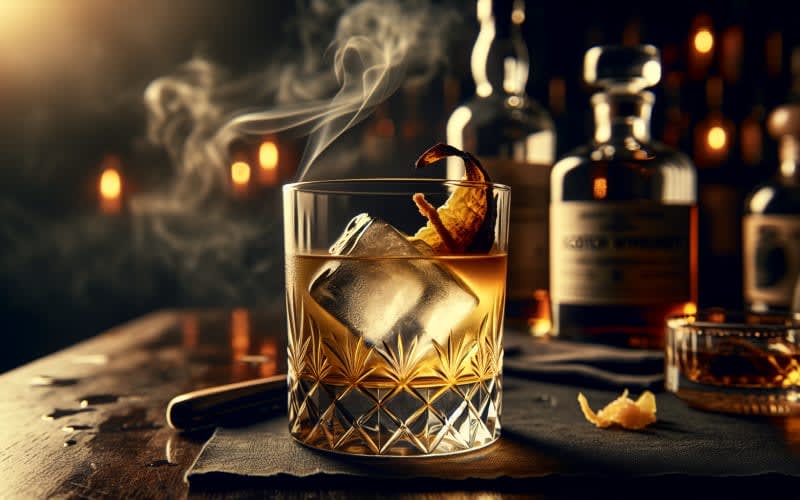 A collection of smoky whiskey bottles lined up on a wooden table.